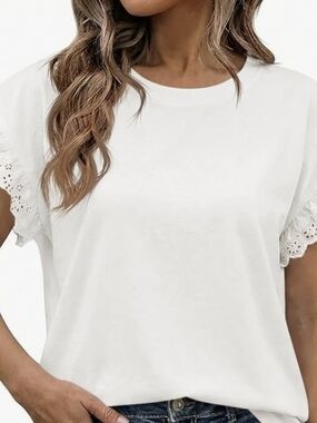 Women’s White Eyelet Sleeve Tee - Casual Crewneck Top